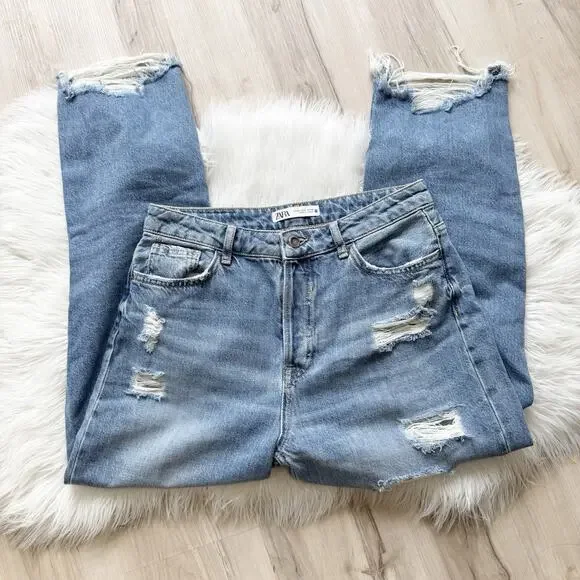 ZARA Distressed High Rise Jeans Button Fly Straight Leg Light Wash Womens Size 8 - Picture 2 of 4